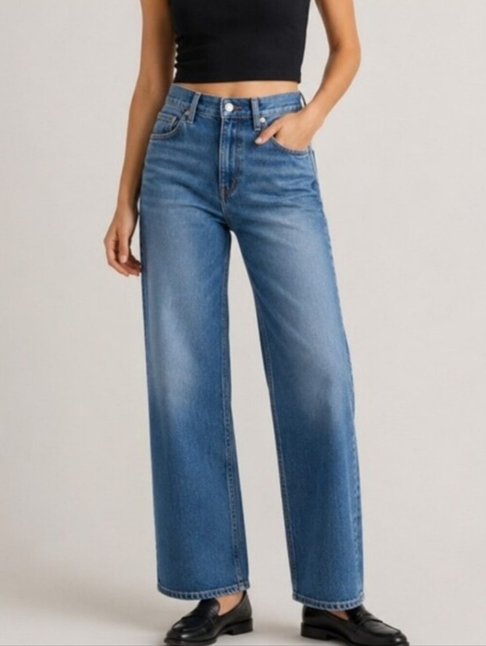 Quince Bella Stretch Relaxed Straight Jeans Atlantic Blue Denim Organic Size 25